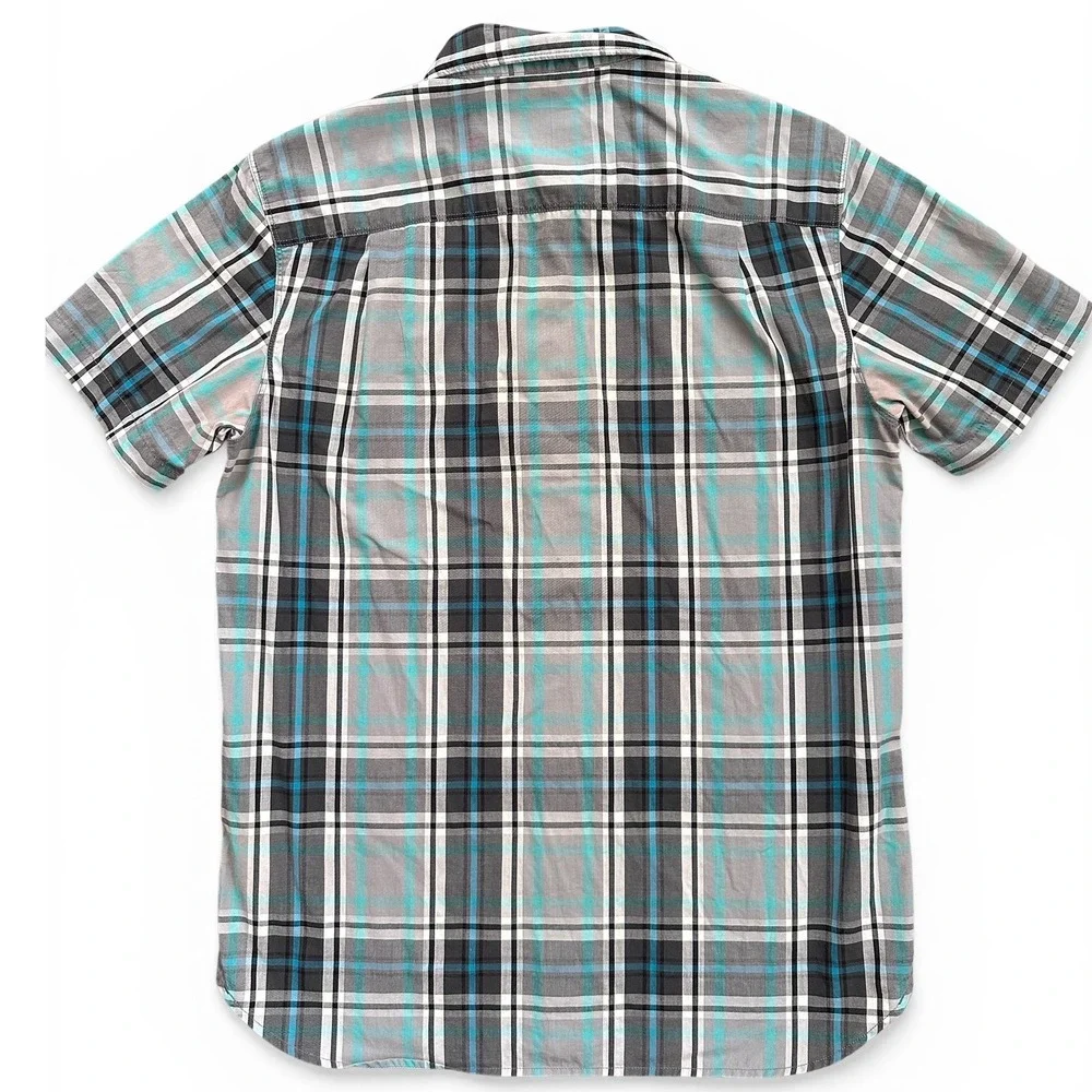 The North Face Button Down Shirt‎ Mens Medium Grey Teal Good Plaid Short Sleeve